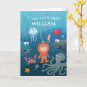 Gelukkige 3e Verjaardag Cartoon Duiker Onderzees D Kaart (Gele Bloem)