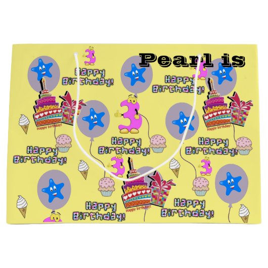 Gelukkige 3e Verjaardag Gift Bag #3 Lichtgeel Groot Cadeauzakje (Voorkant)