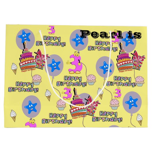 Gelukkige 3e Verjaardag Gift Bag #3 Lichtgeel Groot Cadeauzakje (Achterkant)