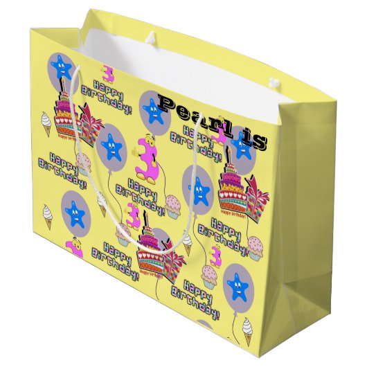 Gelukkige 3e Verjaardag Gift Bag #3 Lichtgeel Groot Cadeauzakje (Achterkant Gekanteld)