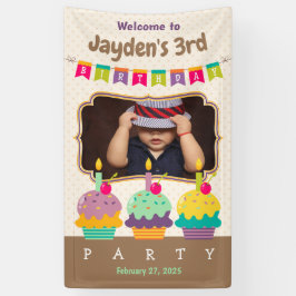Gelukkige 3e verjaardag kleurrijke cupcakes Buntin Spandoek