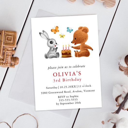 Gelukkige 3e verjaardag Teddy Bear Bunny Cake Uitnodiging Briefkaart