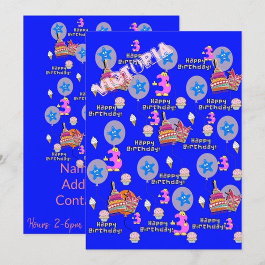 Gelukkige 3e Verjaardag Uitnodiging Verjaardag #3 (Voorkant / Achterkant)