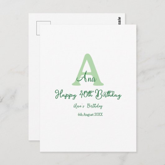 Gelukkige 40e verjaardag groene naam monogram mode briefkaart (Voorkant / Achterkant)