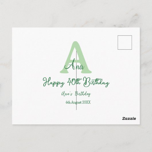 Gelukkige 40e verjaardag groene naam monogram mode briefkaart (Achterkant)