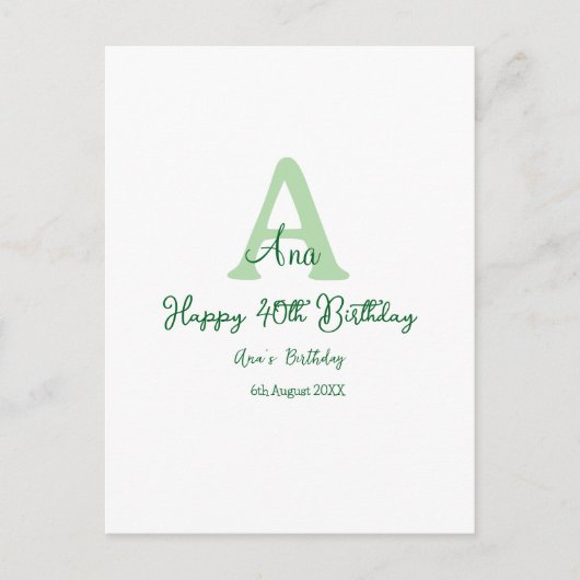 Gelukkige 40e verjaardag groene naam monogram mode briefkaart (Voorkant)