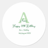 Gelukkige 40ste verjaardag groen toevoegen naam mo ronde sticker (Voorkant)