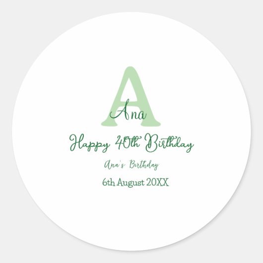 Gelukkige 40ste verjaardag groen toevoegen naam mo ronde sticker (Voorkant)