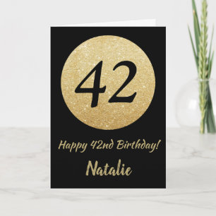 Gelukkige 42e Verjaardag Zwart en Goud Glitter Kaa Kaart