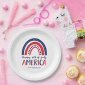 Gelukkige 4 juli Amerika | Rood Wit Blauw Regenboo Papieren Bordje (Feest)