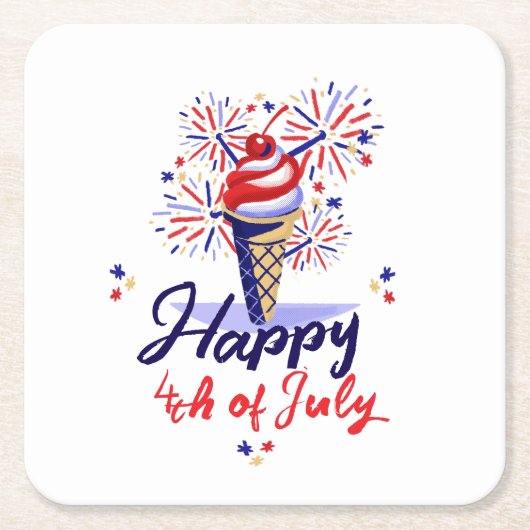 Gelukkige 4 juli Ice Cream Vuurwerk Zomerfeest Kartonnen Onderzetters (Voorkant)