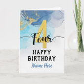 Gelukkige 4e verjaardag Waterverf Blauw & goud Jon Kaart (Voorkant)