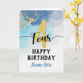 Gelukkige 4e verjaardag Waterverf Blauw & goud Jon Kaart (Gele Bloem)