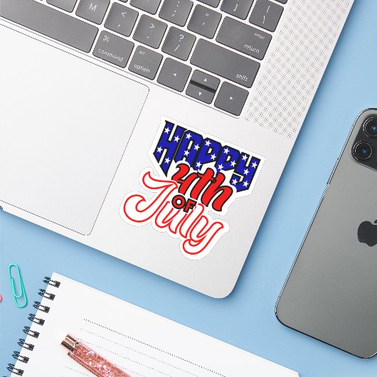 Gelukkige 4th Juli Typografie Sticker (Laptop met iPhone)