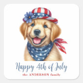 Gelukkige 4th of July Patriottische Puppy Golden R Vierkante Sticker (Voorkant)