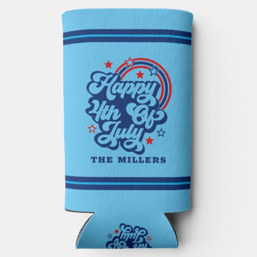 Gelukkige 4th van juli Patriottische Retro Typogra Seltzer Blikjeskoeler (Achterkant)