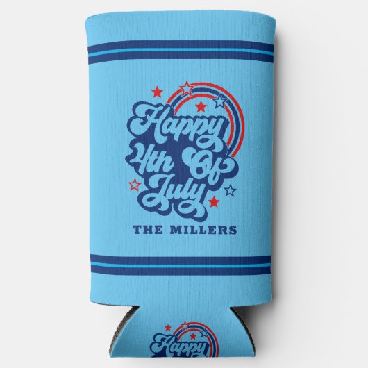 Gelukkige 4th van juli Patriottische Retro Typogra Seltzer Blikjeskoeler (Voorkant)