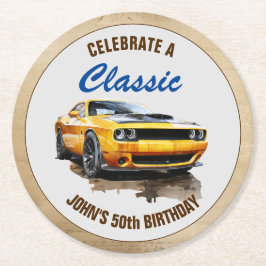 Gelukkige 50e verjaardag klassieke spier auto ronde kartonnen onderzetter