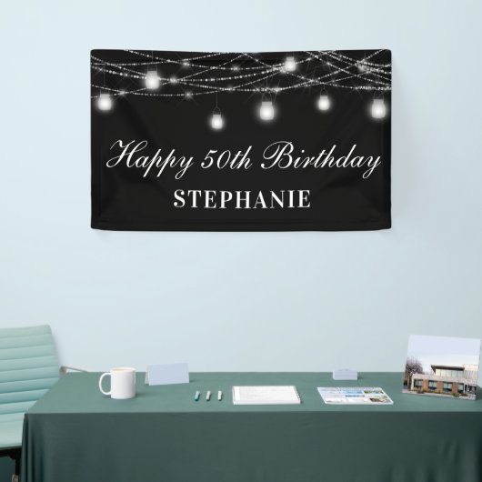 Gelukkige 50e verjaardag Mason Jars Lights Zwart W Spandoek (Beurs)