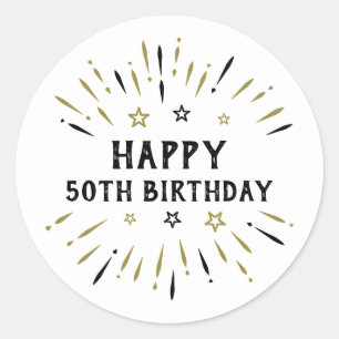 Gelukkige 50e verjaardag vuurwerk wit zwart goud ronde sticker