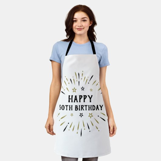 Gelukkige 50e verjaardag vuurwerk wit zwart goud schort (Gedragen)