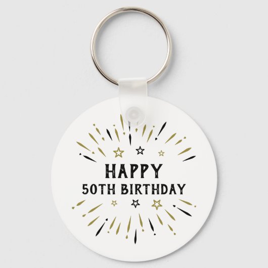 Gelukkige 50e verjaardag vuurwerk wit zwart goud sleutelhanger (Voorkant)