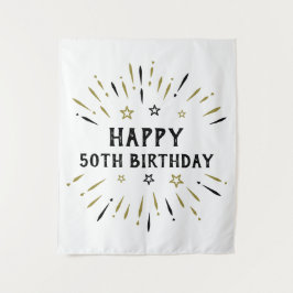 Gelukkige 50e verjaardag vuurwerk wit zwart goud wandkleed