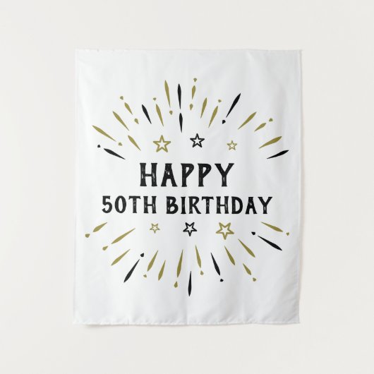 Gelukkige 50e verjaardag vuurwerk wit zwart goud wandkleed (Voorkant)