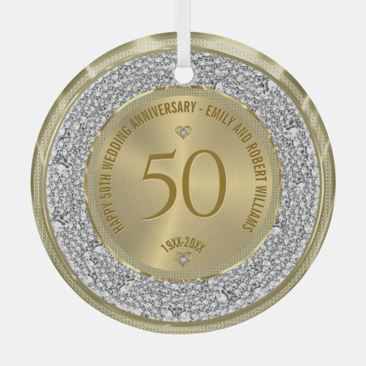 Gelukkige 50ste huwelijksverjaardag diamanten en g glas ornament (Voorkant)