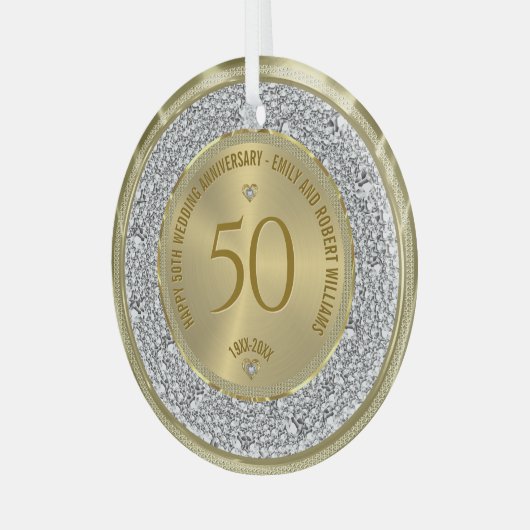Gelukkige 50ste huwelijksverjaardag diamanten en g glas ornament (Voorkant links)