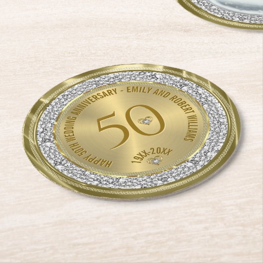 Gelukkige 50ste huwelijksverjaardag diamanten en g ronde kartonnen onderzetter (Gebogen)
