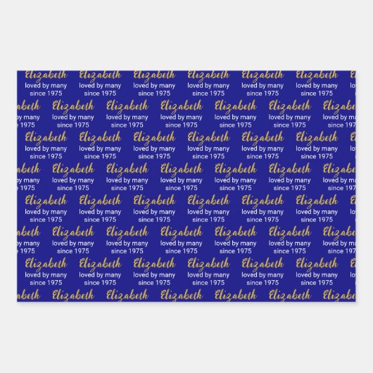 Gelukkige 50ste Verjaardag Naam Gold White en Navy Inpakpapier Vel (Voorkant)