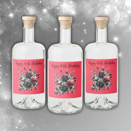 Gelukkige 50ste Verjaardag Rode en Zwarte Rozen | Likeurfles Etiket