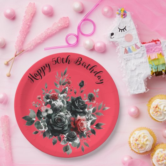 Gelukkige 50ste Verjaardag Rode en Zwarte Rozen | Papieren Bordje (Feest)