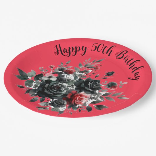 Gelukkige 50ste Verjaardag Rode en Zwarte Rozen | Papieren Bordje (Gekanteld)