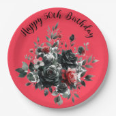 Gelukkige 50ste Verjaardag Rode en Zwarte Rozen | Papieren Bordje (Voorkant)