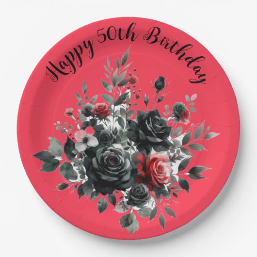 Gelukkige 50ste Verjaardag Rode en Zwarte Rozen | Papieren Bordje (Voorkant)