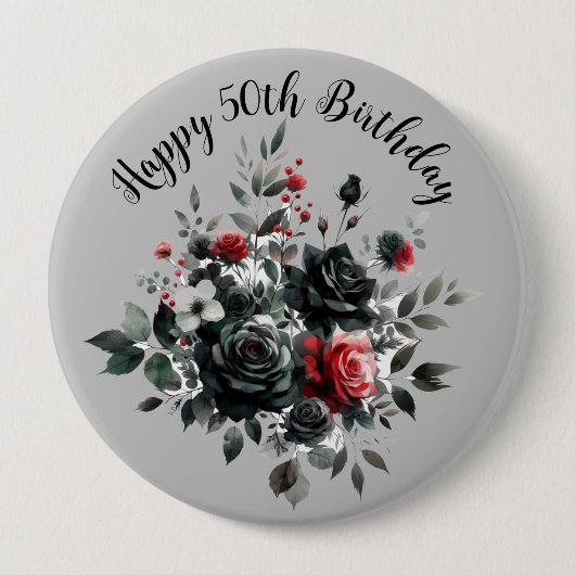 Gelukkige 50ste Verjaardag Rode en Zwarte Rozen | Ronde Button 4,0 Cm (Voorkant)