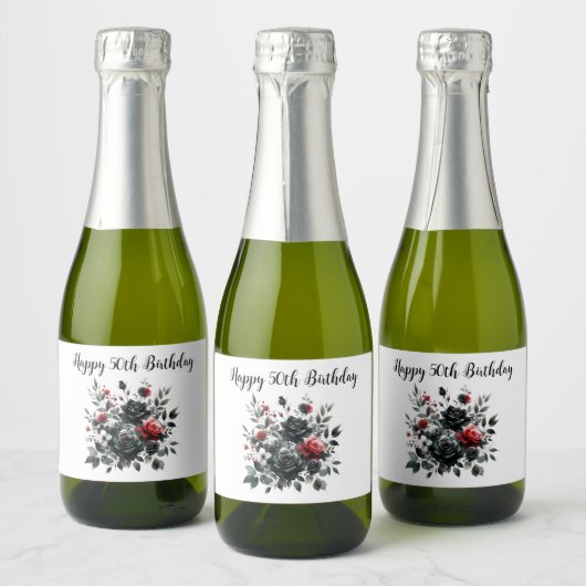Gelukkige 50ste Verjaardag Rode en Zwarte Rozen | Sparkling Wijnetiket (Flessen)