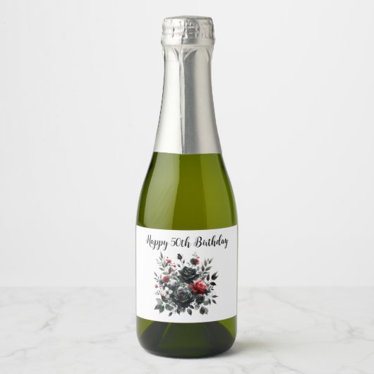 Gelukkige 50ste Verjaardag Rode en Zwarte Rozen | Sparkling Wijnetiket (Voorkant)
