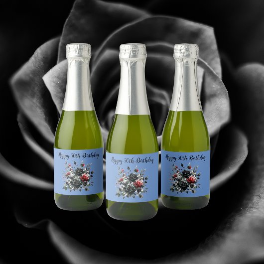 Gelukkige 50ste Verjaardag Rode en Zwarte Rozen | Sparkling Wijnetiket