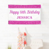 Gelukkige 50ste verjaardag roze glitter spandoek (Insitu)