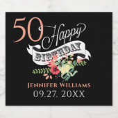 Gelukkige 50ste Verjaardag Typografie & Bloemen Sparkling Wijnetiket (Enkel label)
