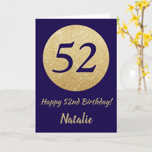 Gelukkige 52e verjaardag Navy Blue en Gold Glitter Kaart (Gele Bloem)
