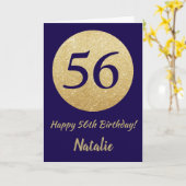Gelukkige 56e verjaardag Navy Blue en Gold Glitter Kaart (Gele Bloem)