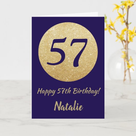 Gelukkige 57e verjaardag Navy Blue en Gold Glitter Kaart (Gele Bloem)