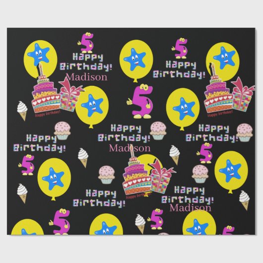 Gelukkige 5e verjaardag inpakkend document ballonn cadeaupapier (Vlak)