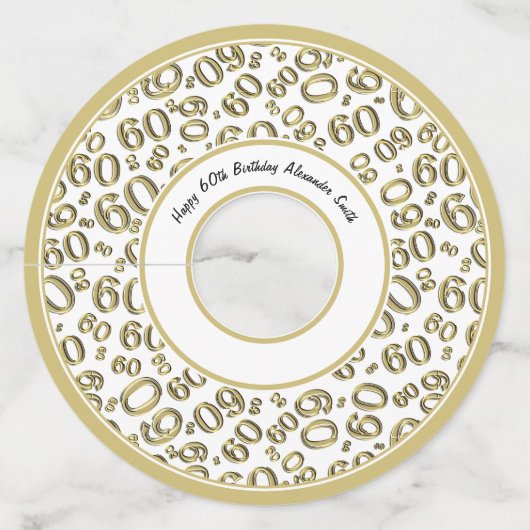 Gelukkige 60e verjaardag Goud en Wit Nummer Thema Wijnglaslabel (Achterkant)