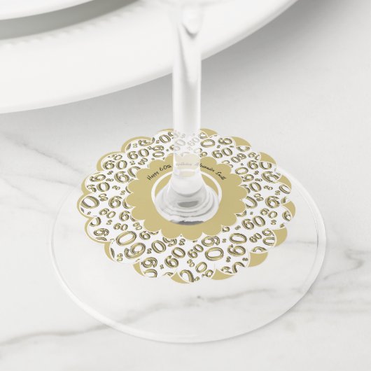 Gelukkige 60e verjaardag Goud en Wit Nummer Thema Wijnglaslabel (Dichtbij)