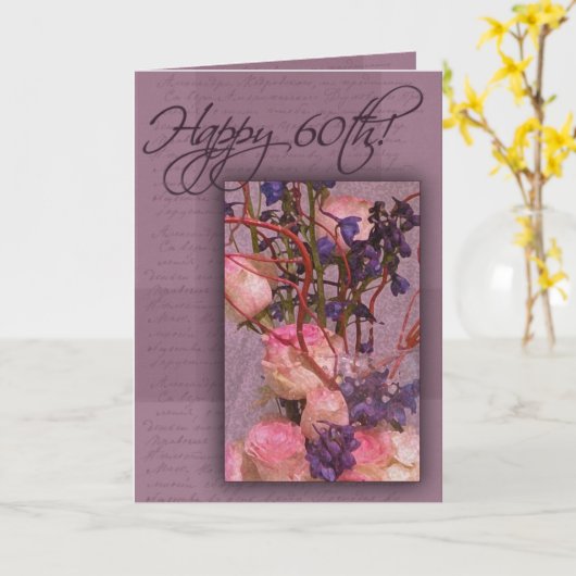 Gelukkige 60e verjaardag in roze en paarse kleuren kaart (Gele Bloem)